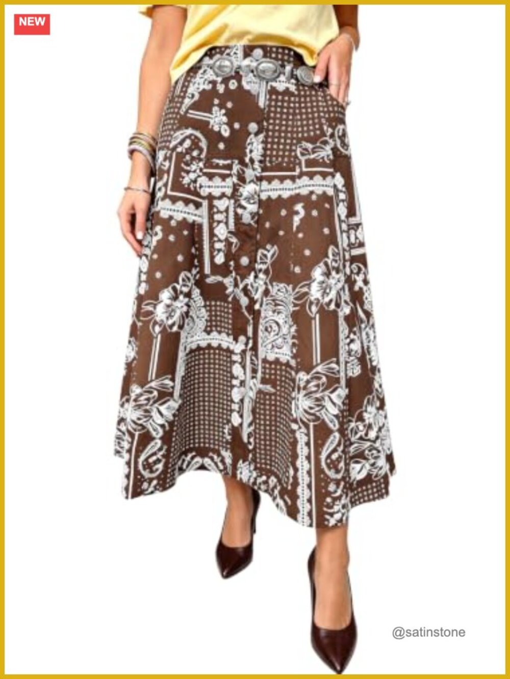 Womens Boho Button Front A-Line Midi Skirt with Pockets
